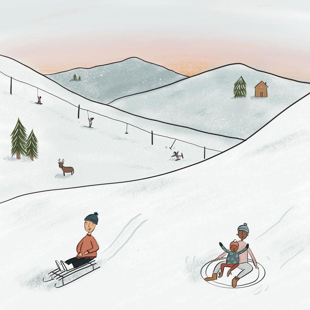 An illustration of a snowy hilltop scene, with people skiing.