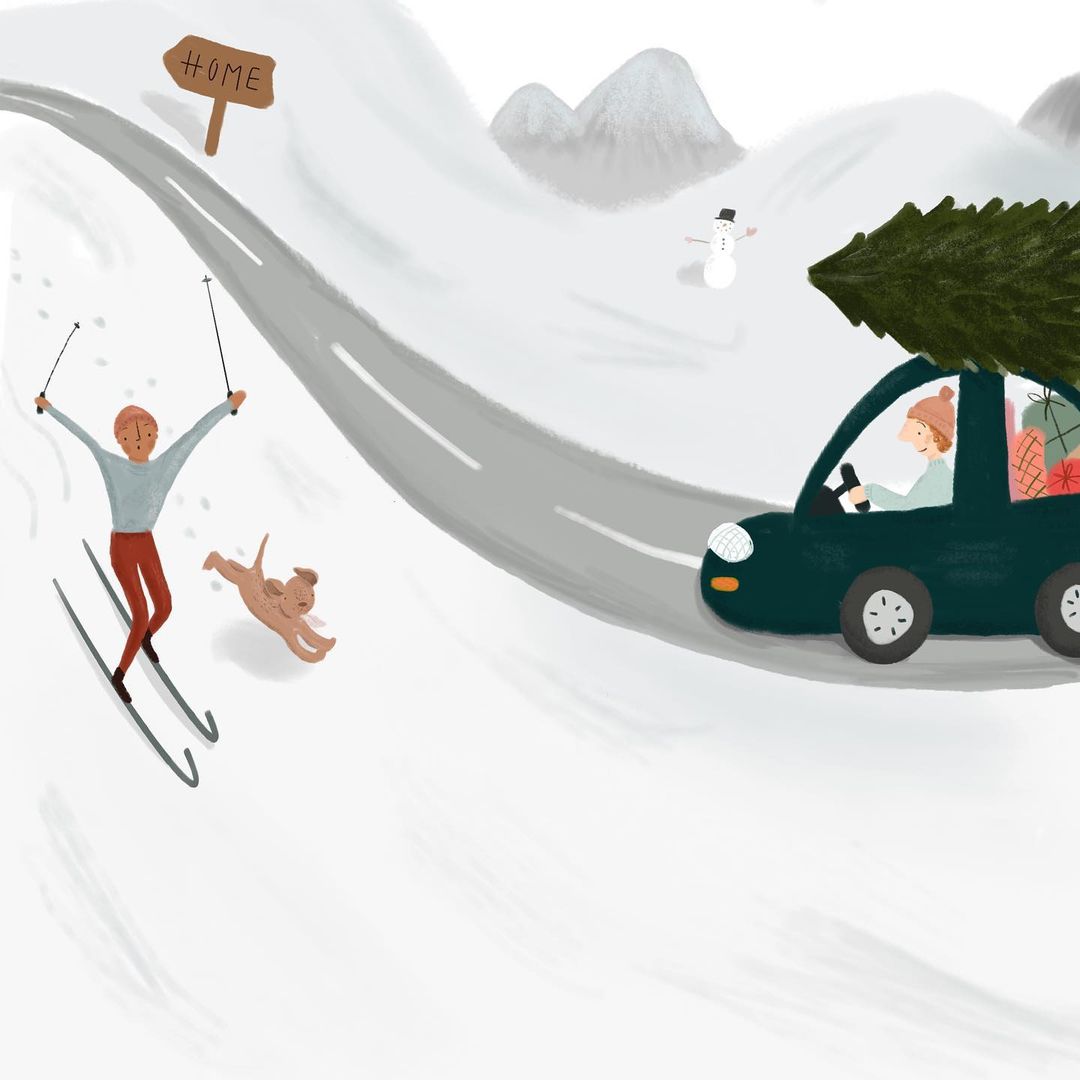 An illustration of a snowy road, with one person driving home with a christmas tree, and one person skiing