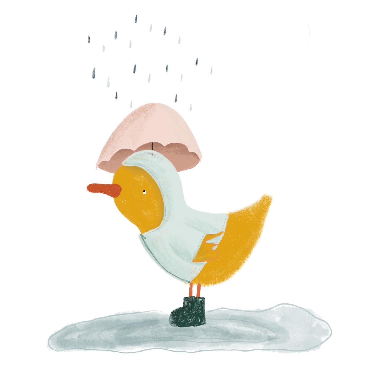 An illustration of a yellow duck in a raincoat and wellies, holding an umbrella in the rain.