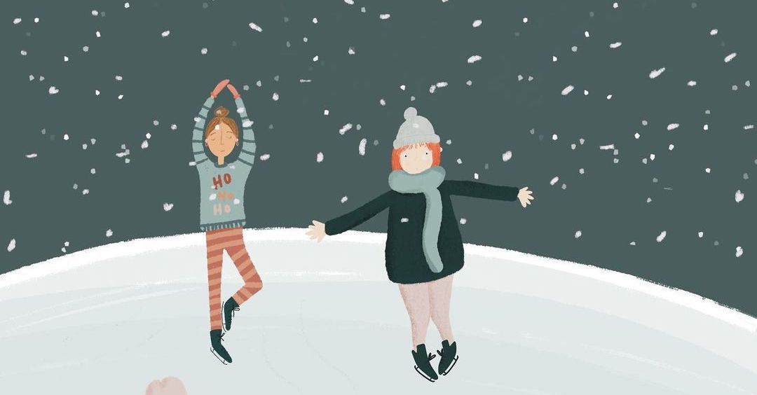 An illustration of people ice skating on a frozen pond.