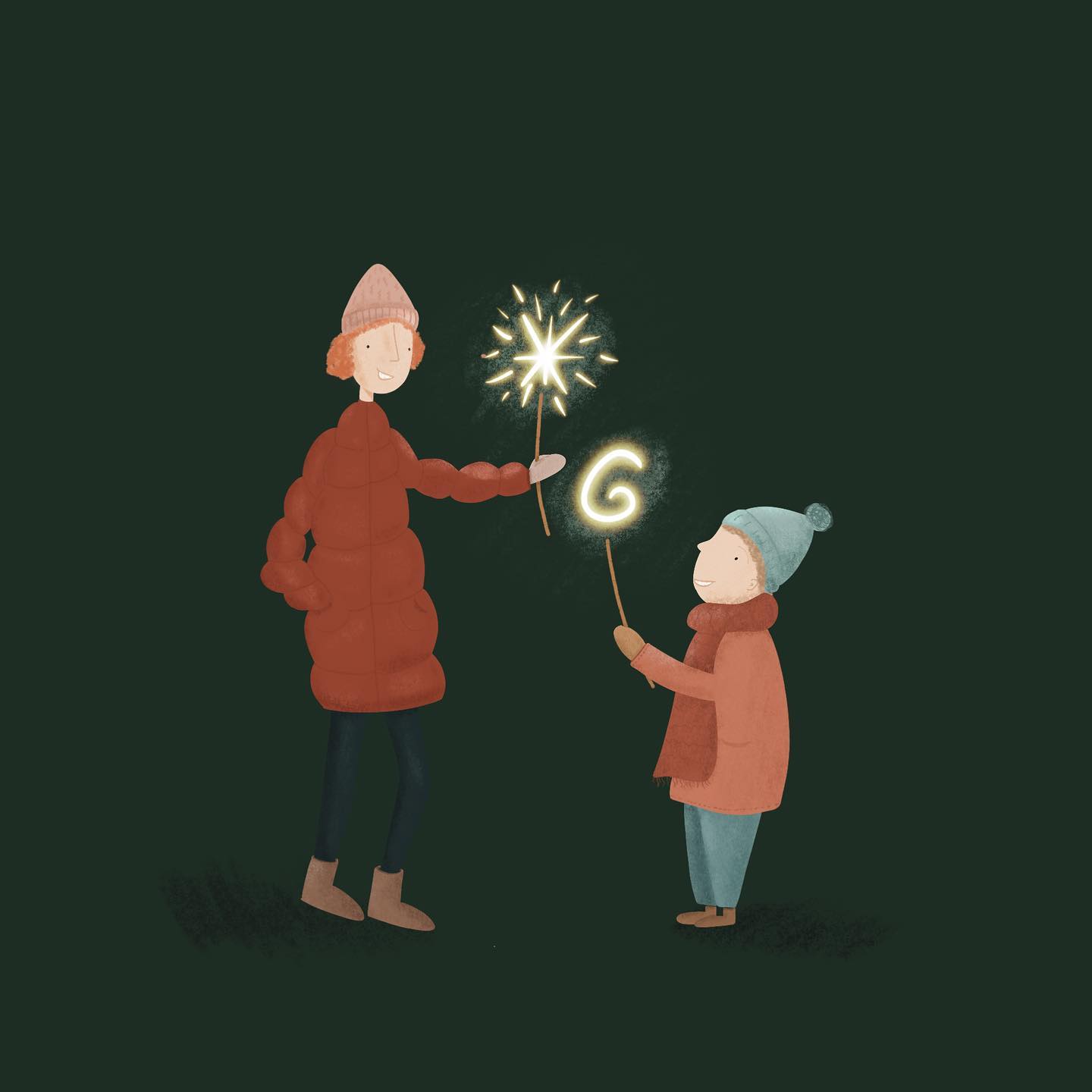 An illustration of an adult and child holding sparklers, dressed in coats.