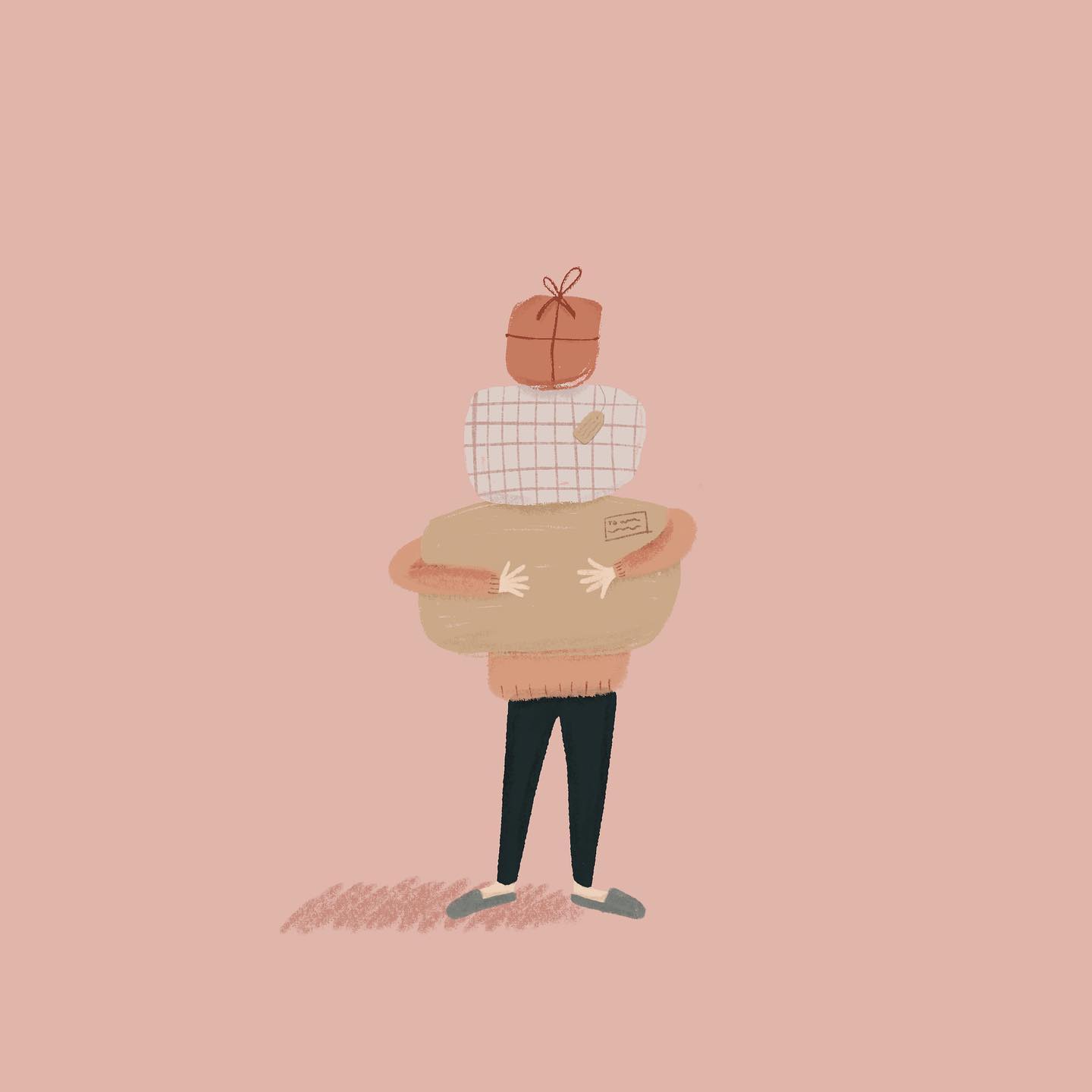 An illustration of a person carrying 3 large presents.