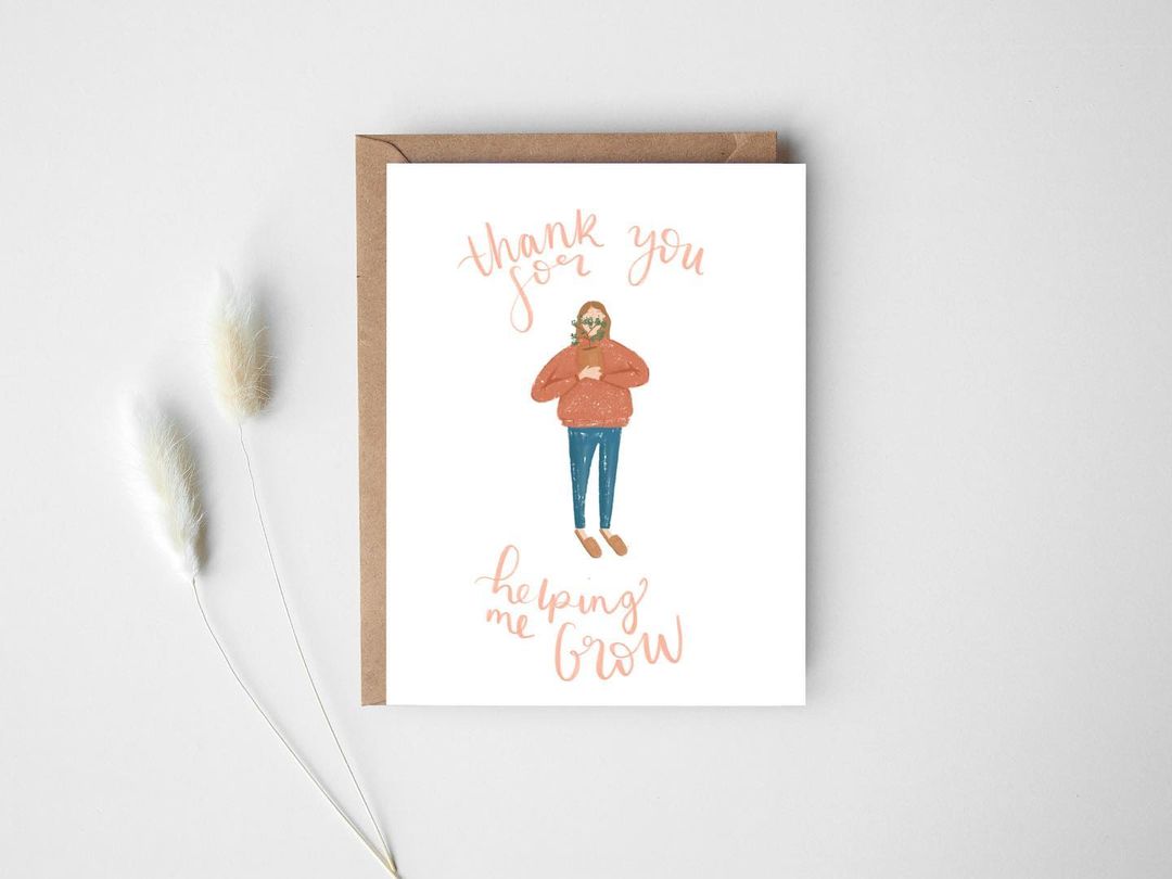 An image of a Thank You Card with a person holding a plant, illustrated by Hello You Create.